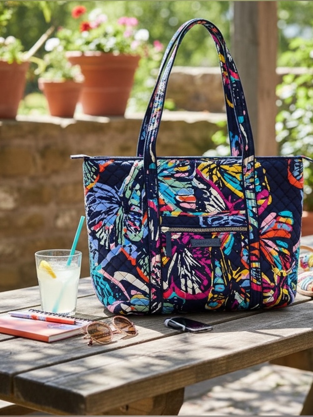 Vera Bradley Butterfly Flutter Tote Bag Quilted Cotton Navy Multicolor